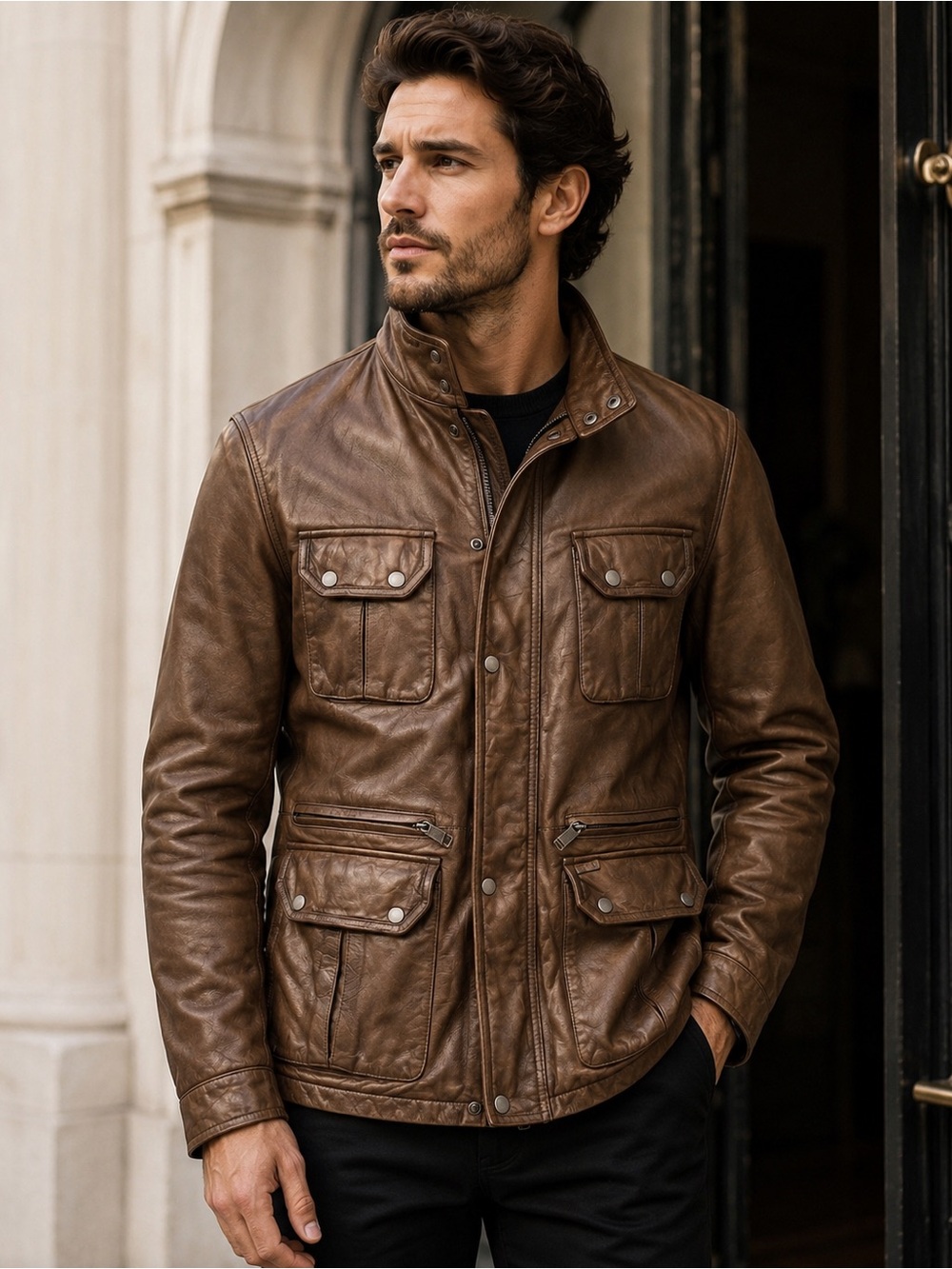 Vintage Tumi genuine Leather Brown Field Jacket with Black Logo Patch